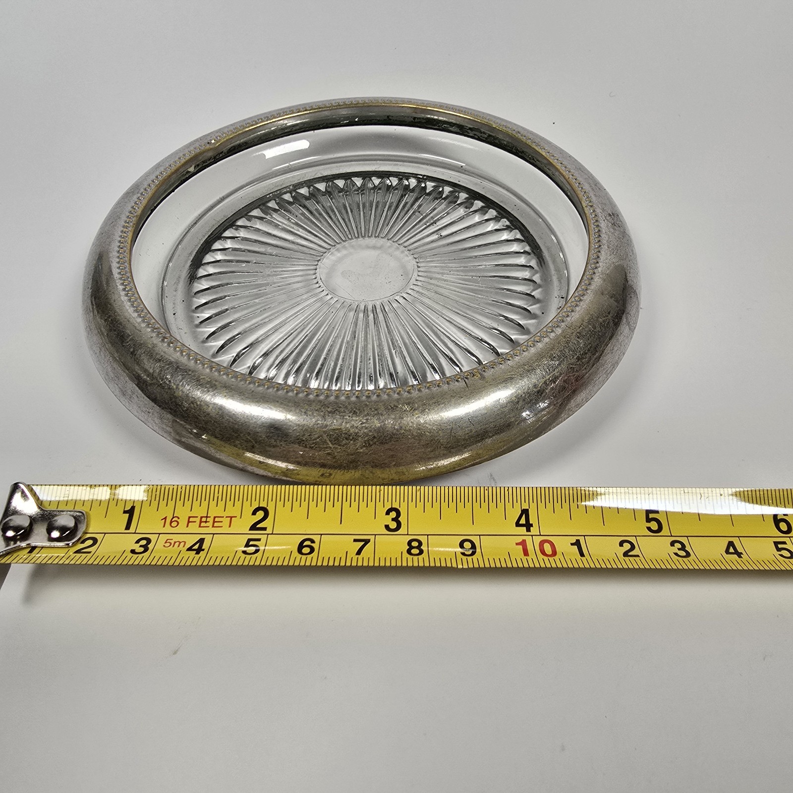 Crystal Silverplate Rim MCM Coaster Ashtray Vintage Round 5.5 in Glass Smoking