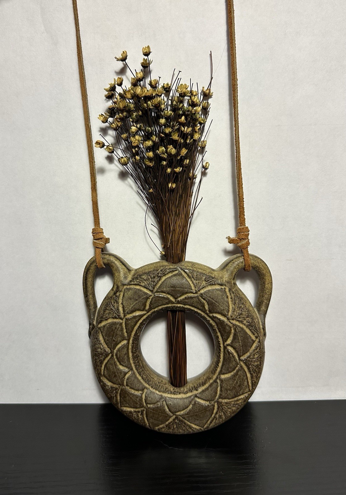Eclectic Decorative Wall Hanging Pottery Round Vase Handmade Signed Bohemian Art