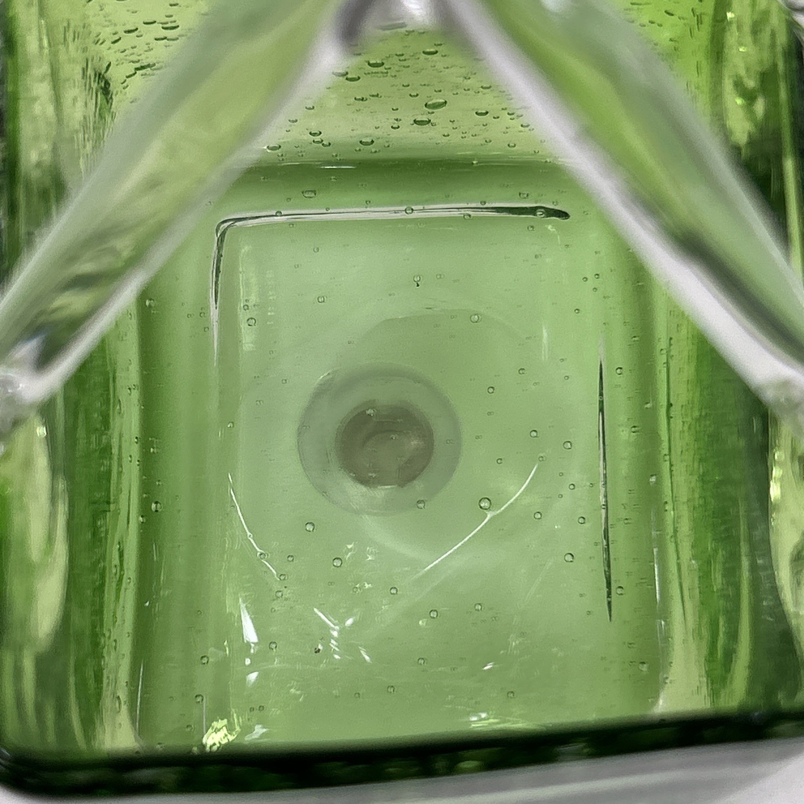 Vintage Hand Blown Green Glass Purse Bag Vase 7” Tall W/ handle 4” Wide