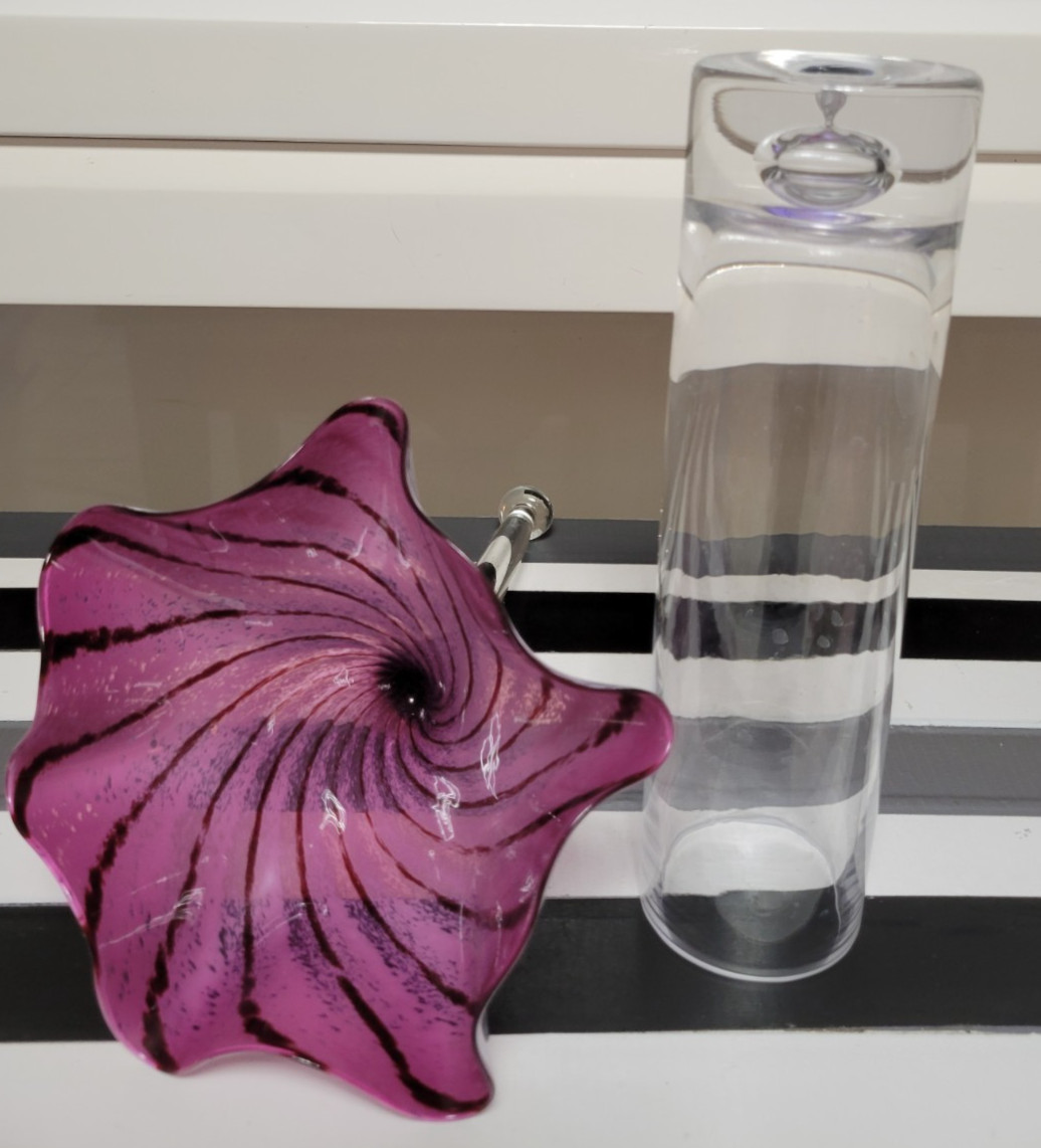 MURANO ART GLASS ORCHID FLOWER ON A CLEAR KROSNO WEIGHTED BOTTOM CYLINDER VASE