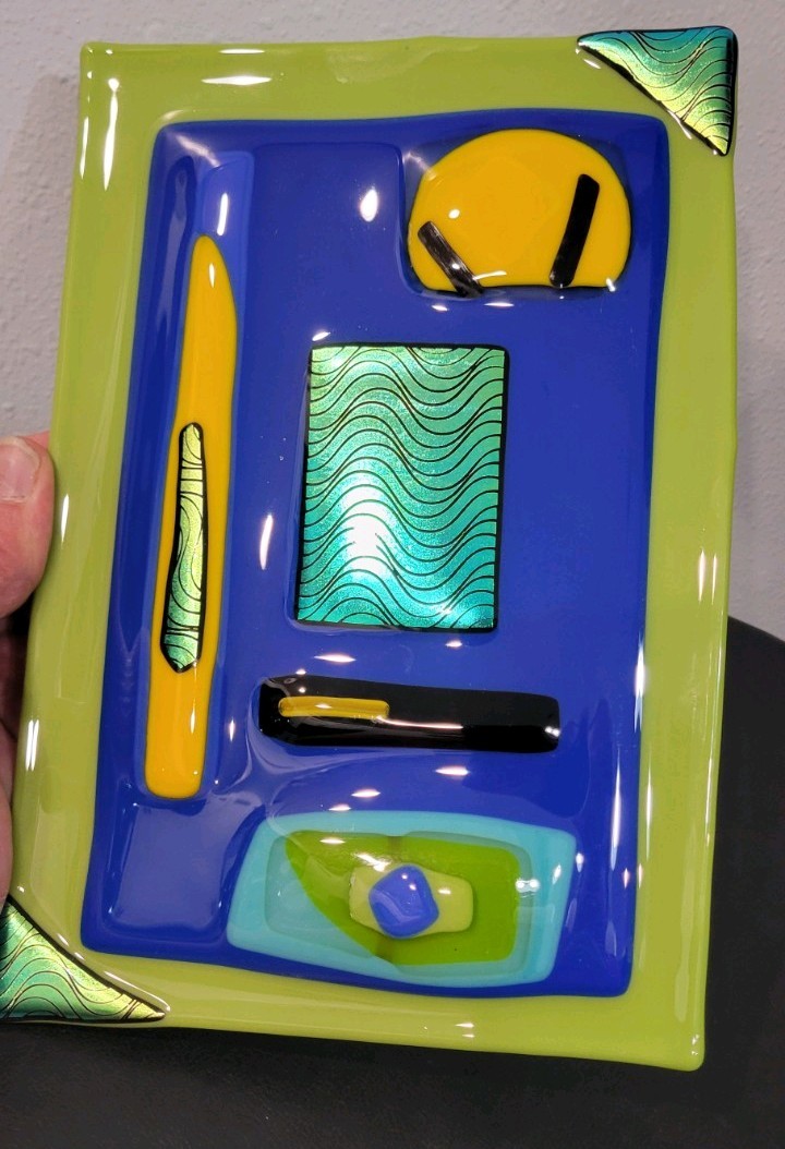 Fused Art Glass Panel 9×6 Signed Abstract Postmodern Slab Handmade Colorful Rare