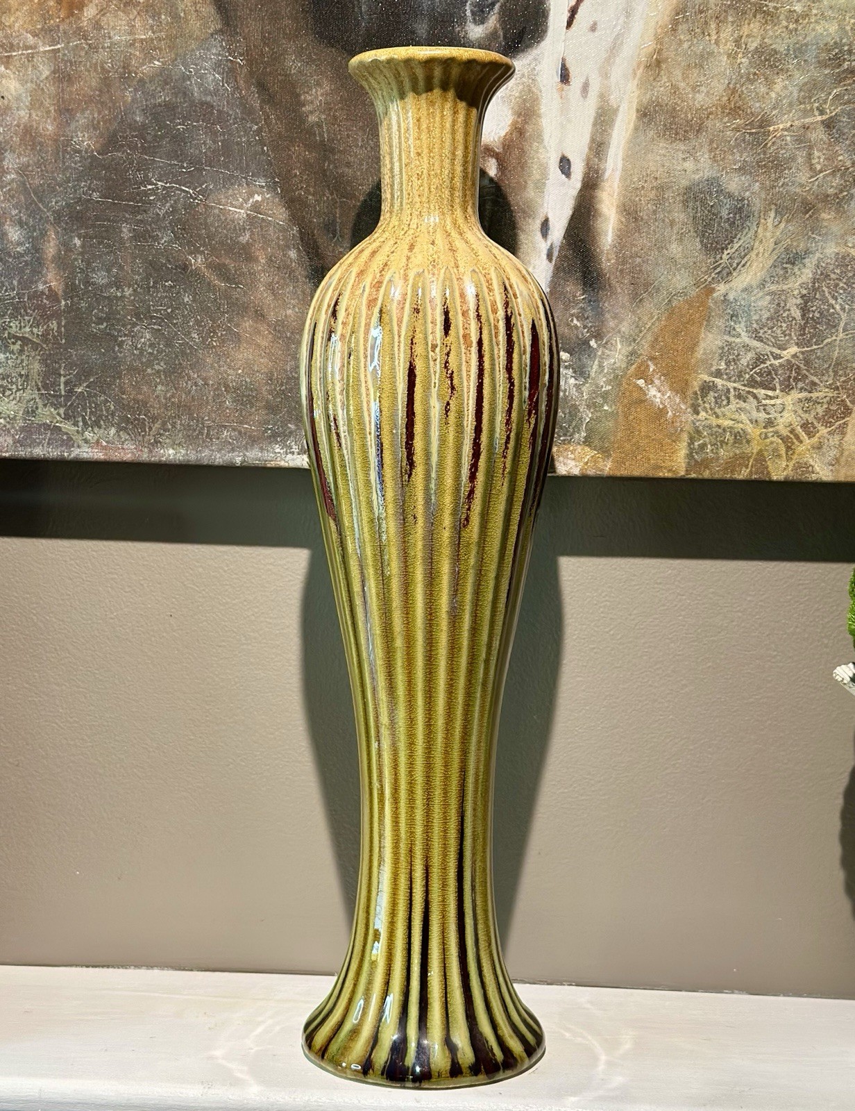 VTG MCM Studio Art Pottery Drip Glaze Fluted Vase 17.5″ Green/Rust
