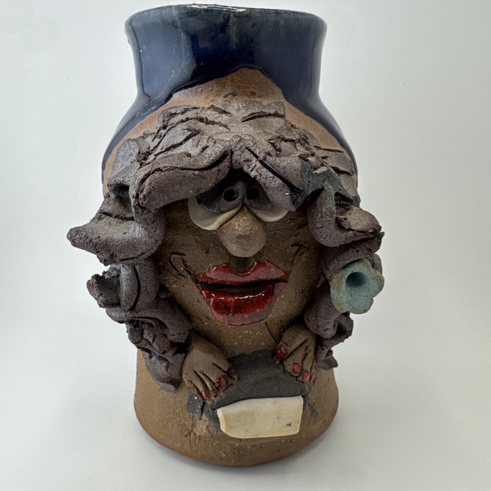 Vintage Handmade Ugly Face Pottery Stoneware Mug Blue Office Woman Typing