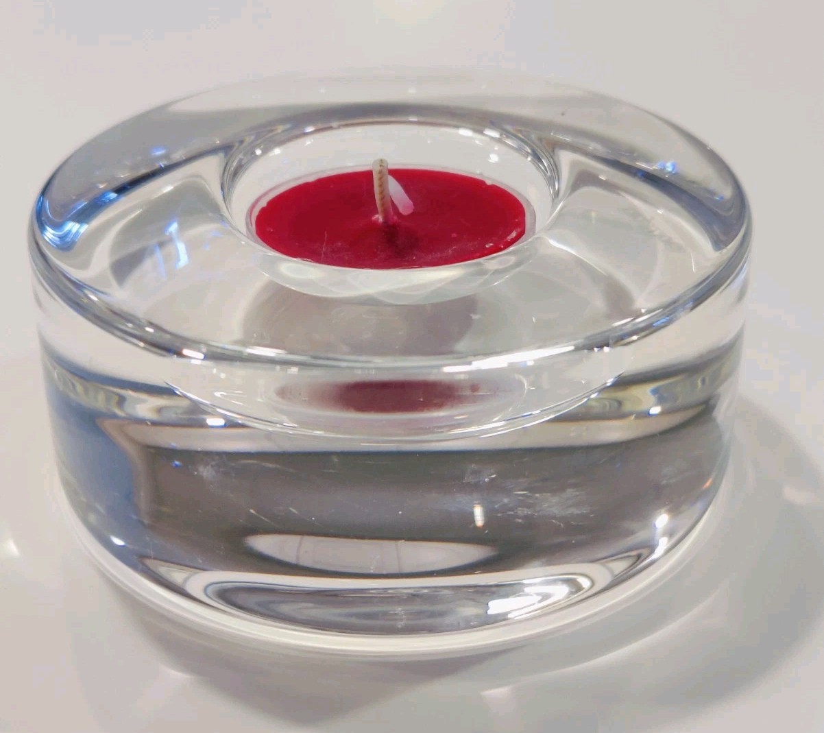ORREFORS PUCK TEA LIGHT HOLDER ART GLASS SWEDEN VOTIVE 3.75″ DIAMETER 1.5″ TALL
