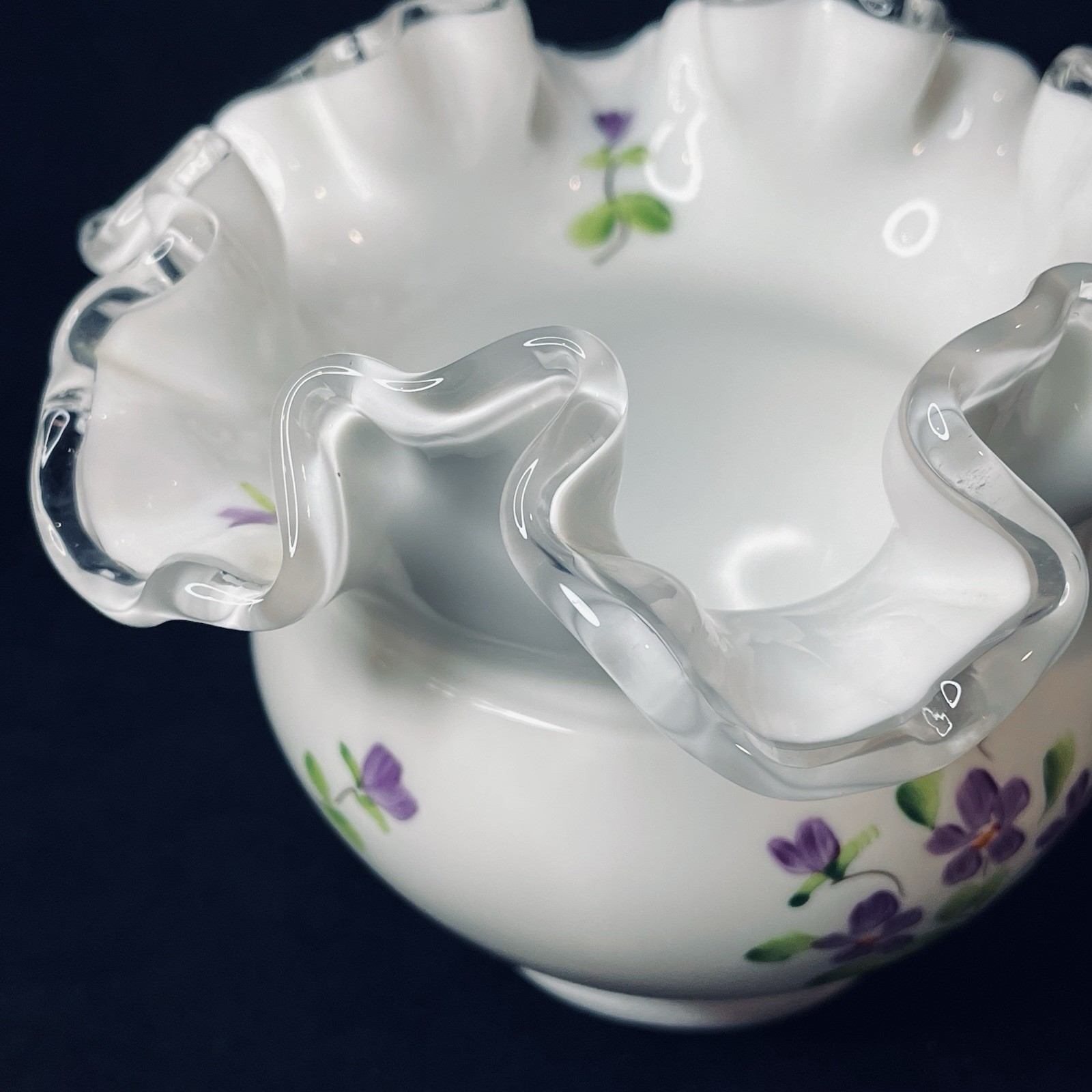 Vtg Fenton HP Silver Crest VIOLETS IN SNOW Rose Bowl Vase Signed Nancy Gribble