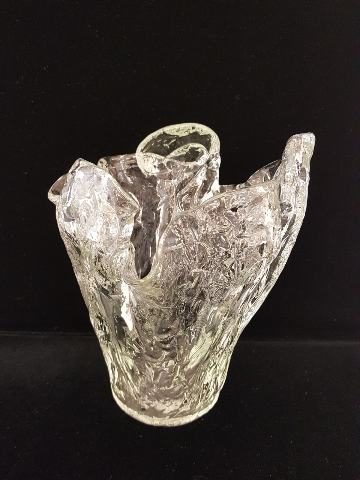 Vintage modernist abstract organic hand blown art glass vase clear 7 3/8″ tall
