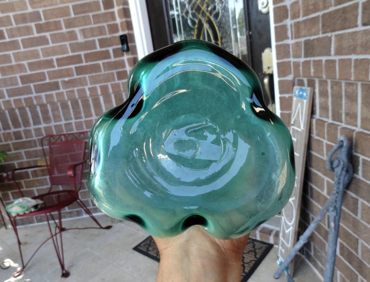 tall BLENKO TEAL/SEA GREEN 17” VASE MCM Art Glass Ribbed w/Foil Tag