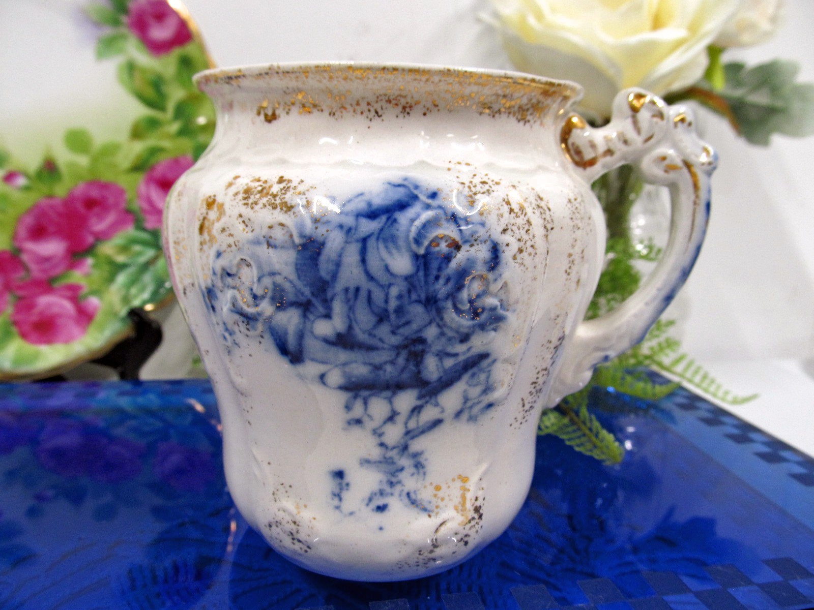 antique Shaving mug Flow Blue floral pattern embossed and raised pattern England