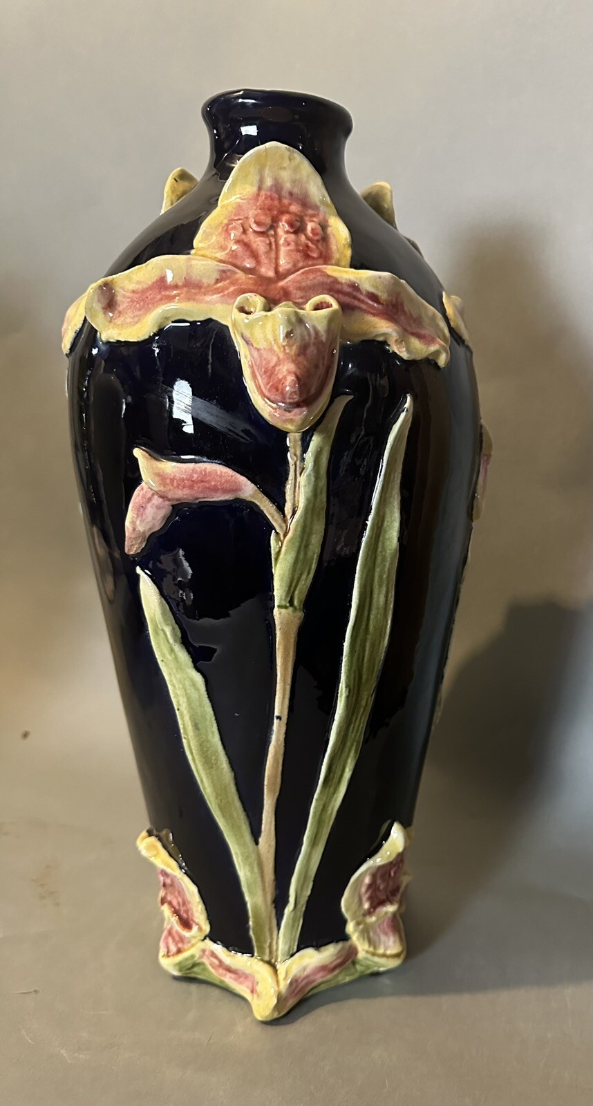 Antique Continental Majolica Floral Art Nouveau Cobalt Blue 13.5″ Pottery Vase