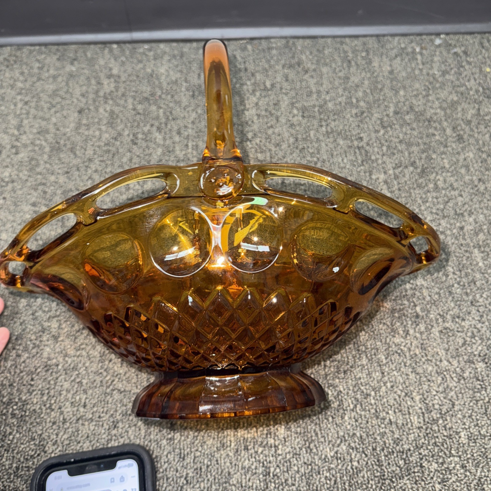 Vintage Pitman Dreitzer Colony Large Open Lave Edge Amber Glass Basket Handle