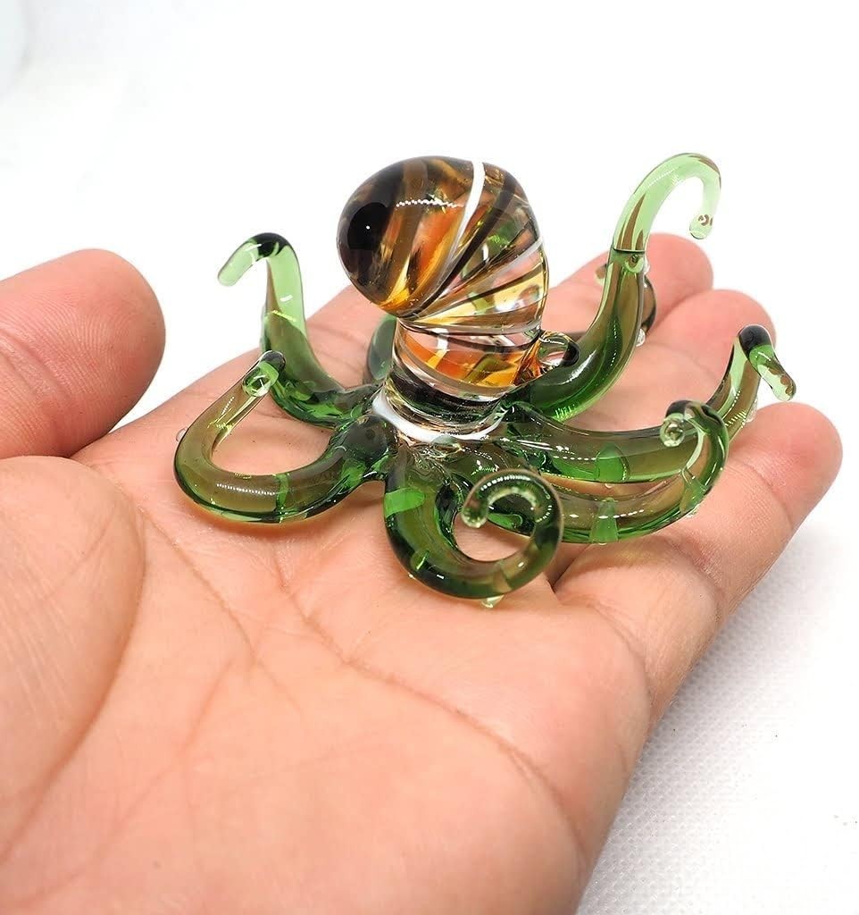 Sea Octopus Glass Figurine Ornament Decor Gift Miniature Hand Blown Green Coasta