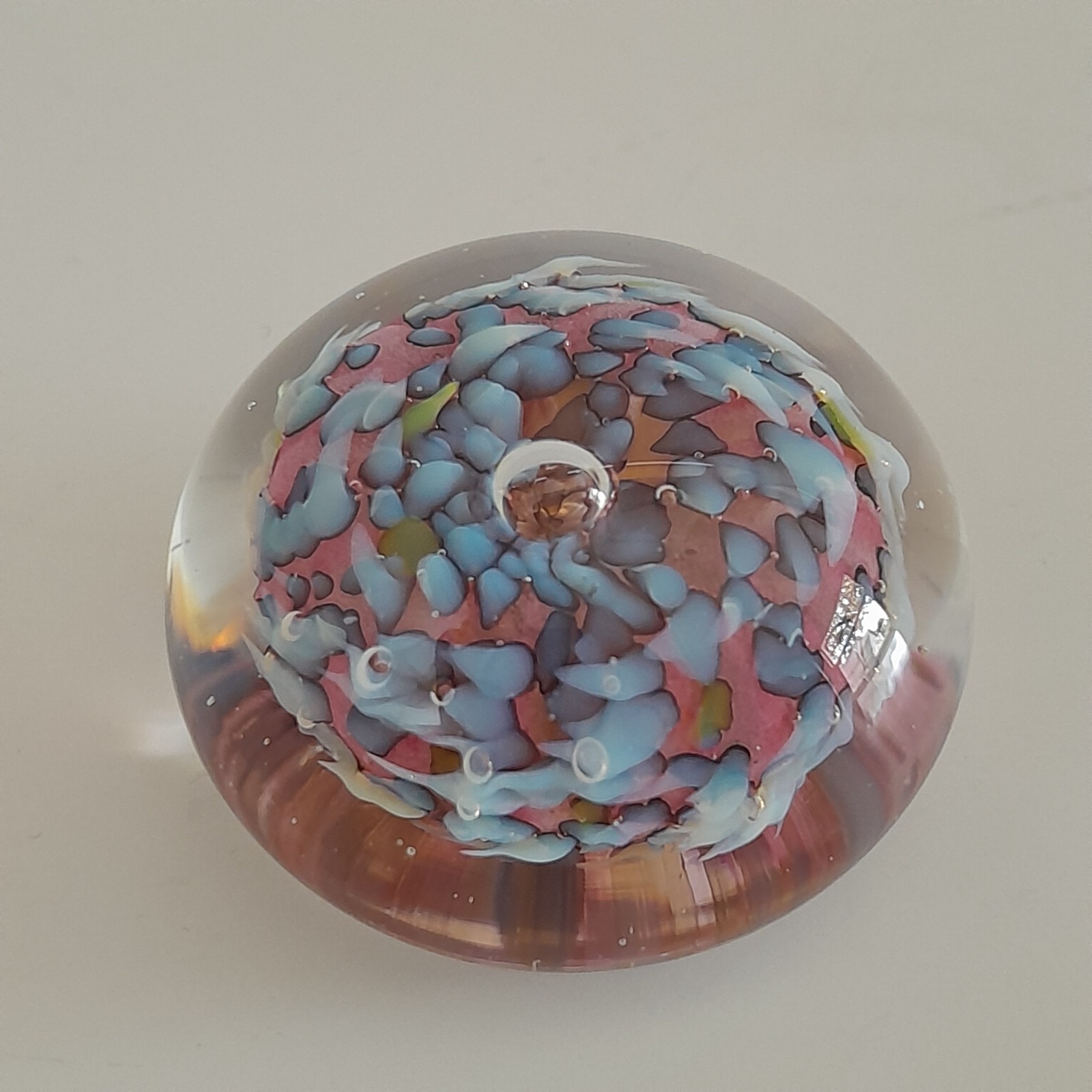 Signed Studio Art Glass Paperweight New Morning Glass 1999 Pink Blue Abstract