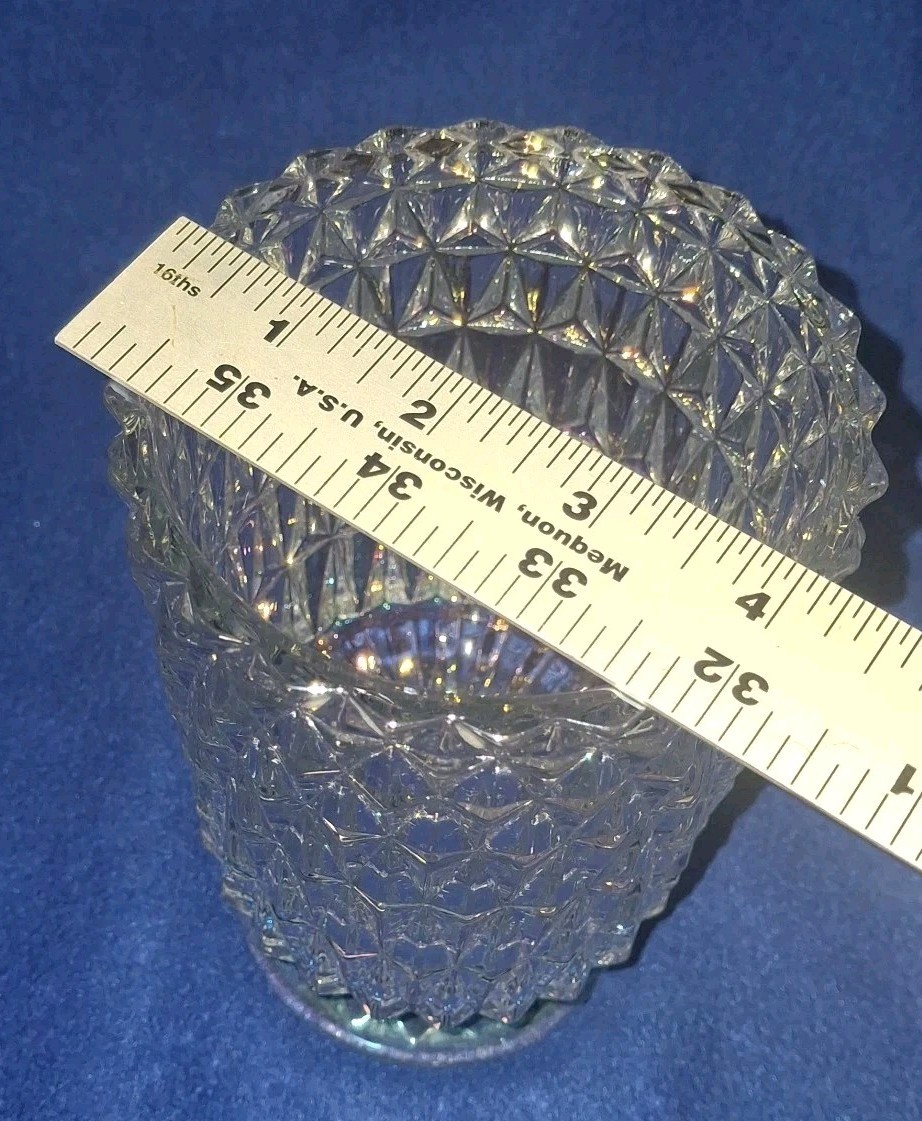 VTG Indiana Glass Diamond Point Iridescent Footed Vase 7.25” Heavy Pressed Glass