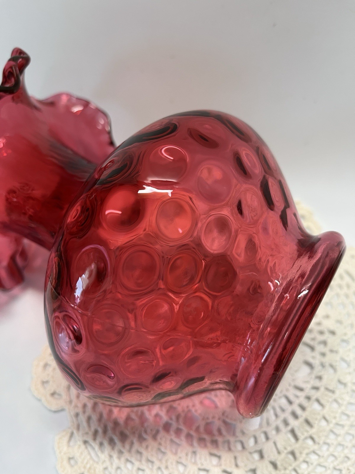 Fenton Ruby Overlay Optic Dot 7” Ruffled Top Vase 1958-62 #2455