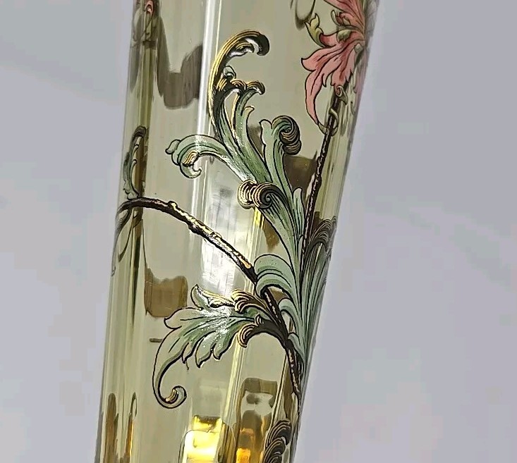 Theresienthal Moser Style Chartreuse Optic Molded Enamaled Floral Vase 11″