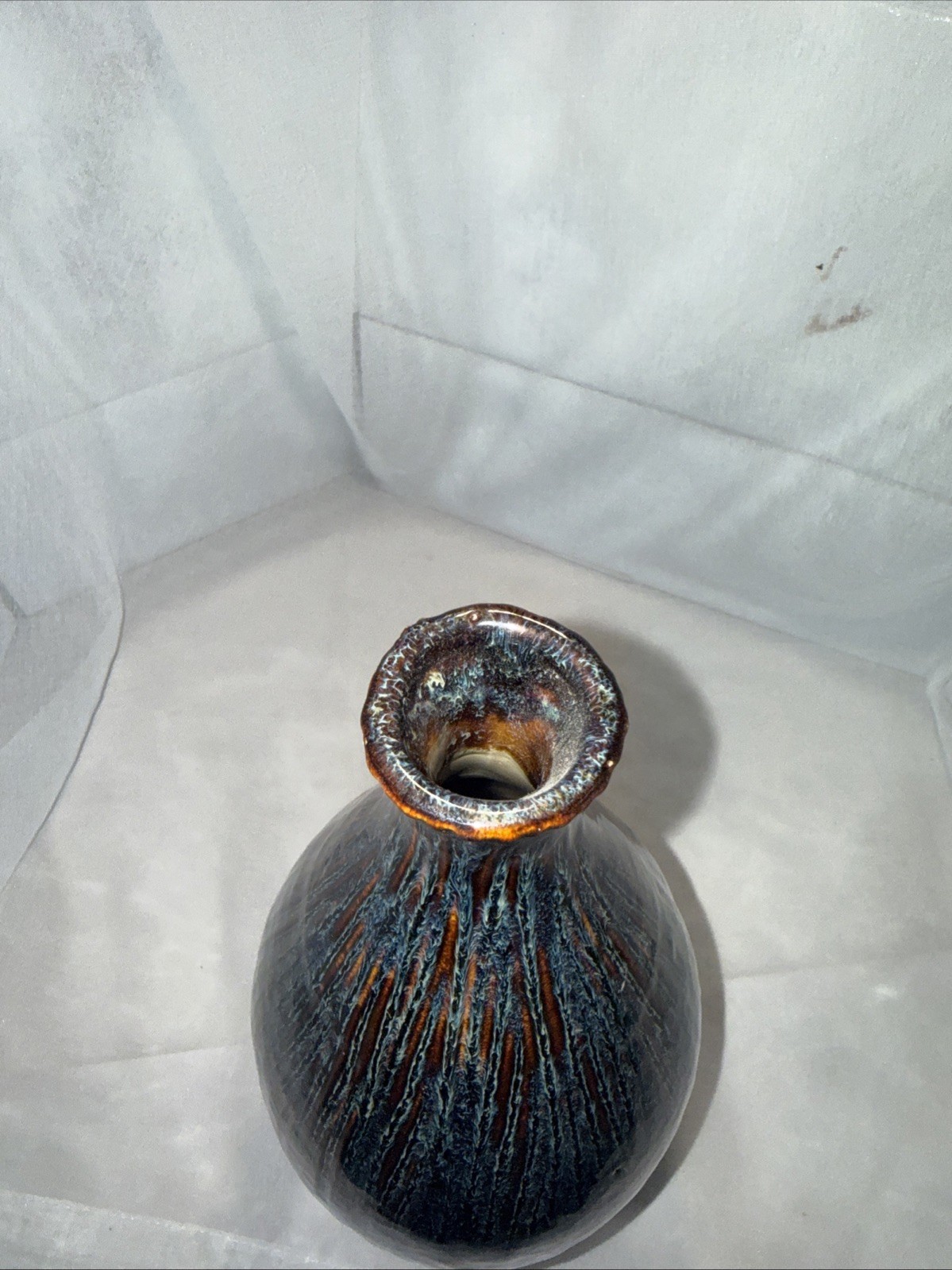 Vintage MCM Studio ceramic Tenmoku ‘Hare’s Fur’ Glazed teardrop vase 14” Tall