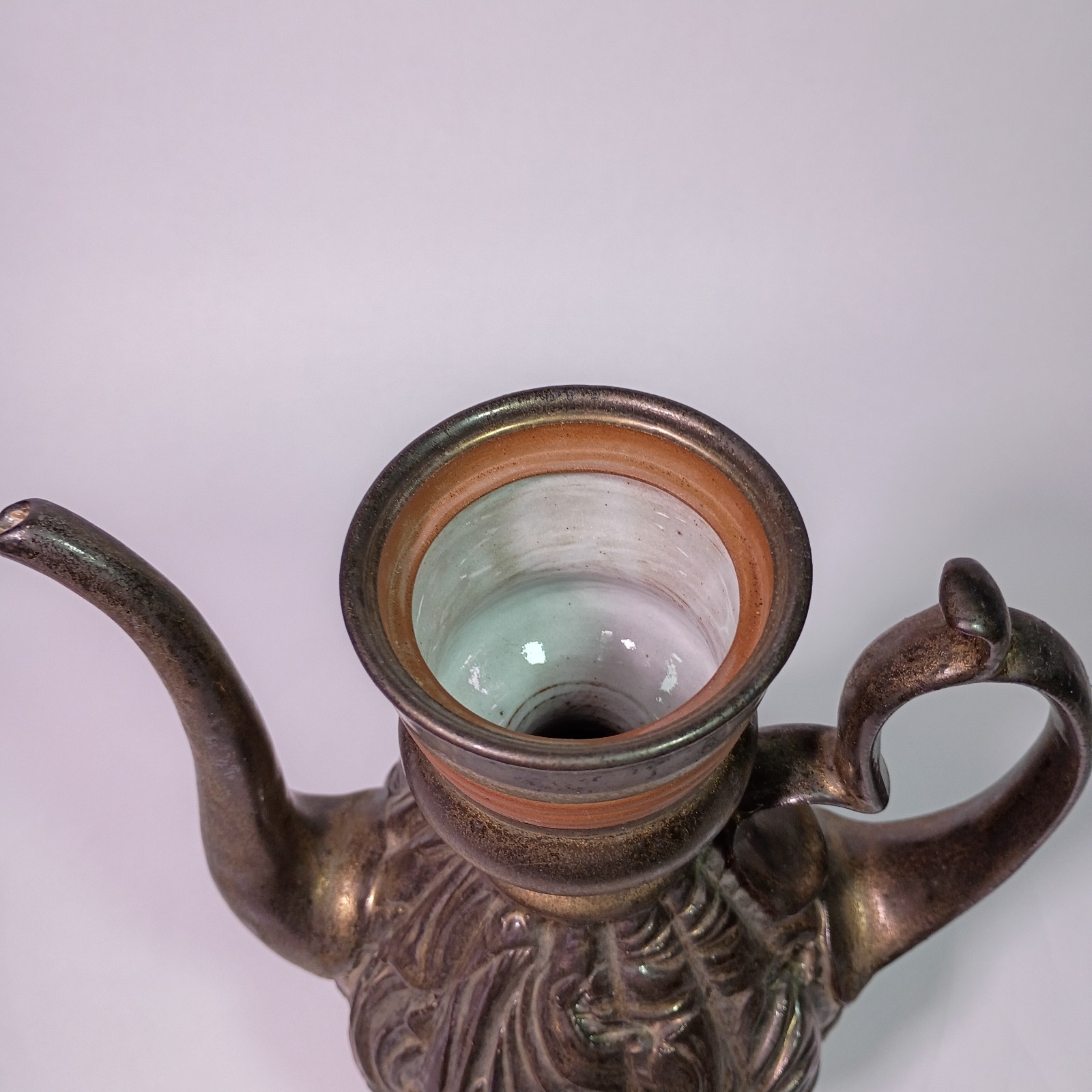 Studio Pottery Lidded Ewer Metallic Bronze Glaze Ornate Relief Art Pottery