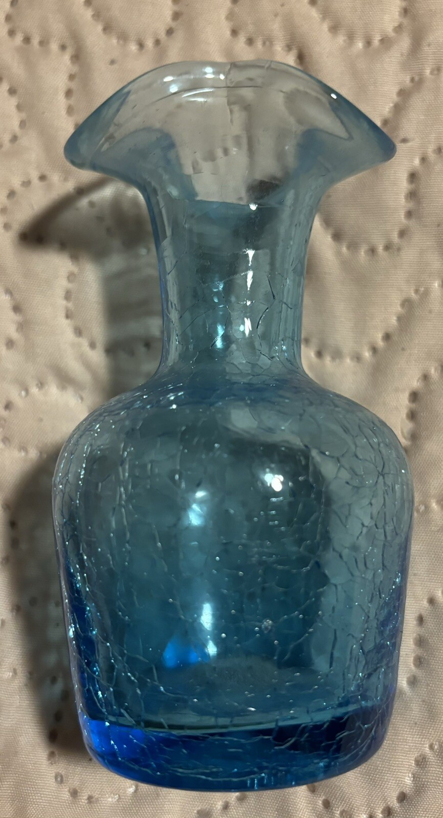 Crackle Blue Vase Unmarked Four Inches Tall Ruffle Mouth Three Ruffles