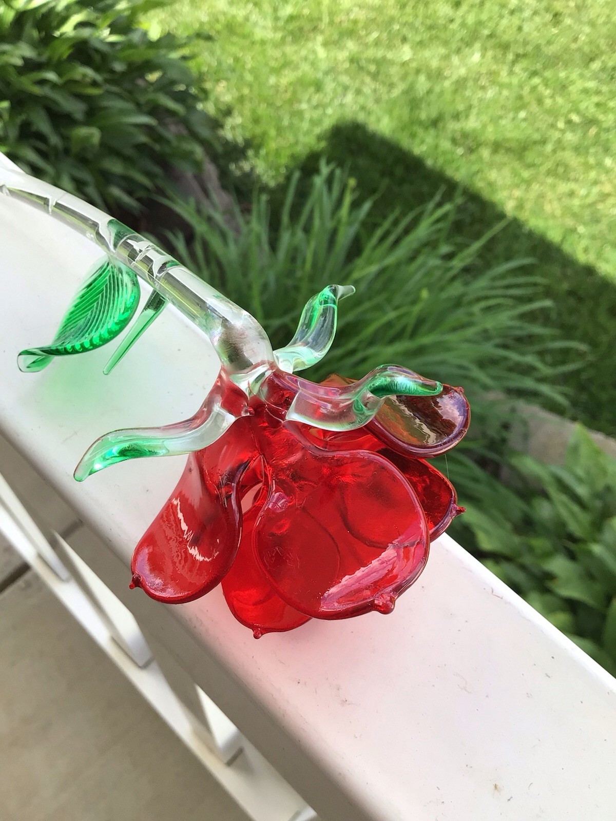 Vintage Art Glass 7 1/2” Long Stem Rose With Thorns And Leaf