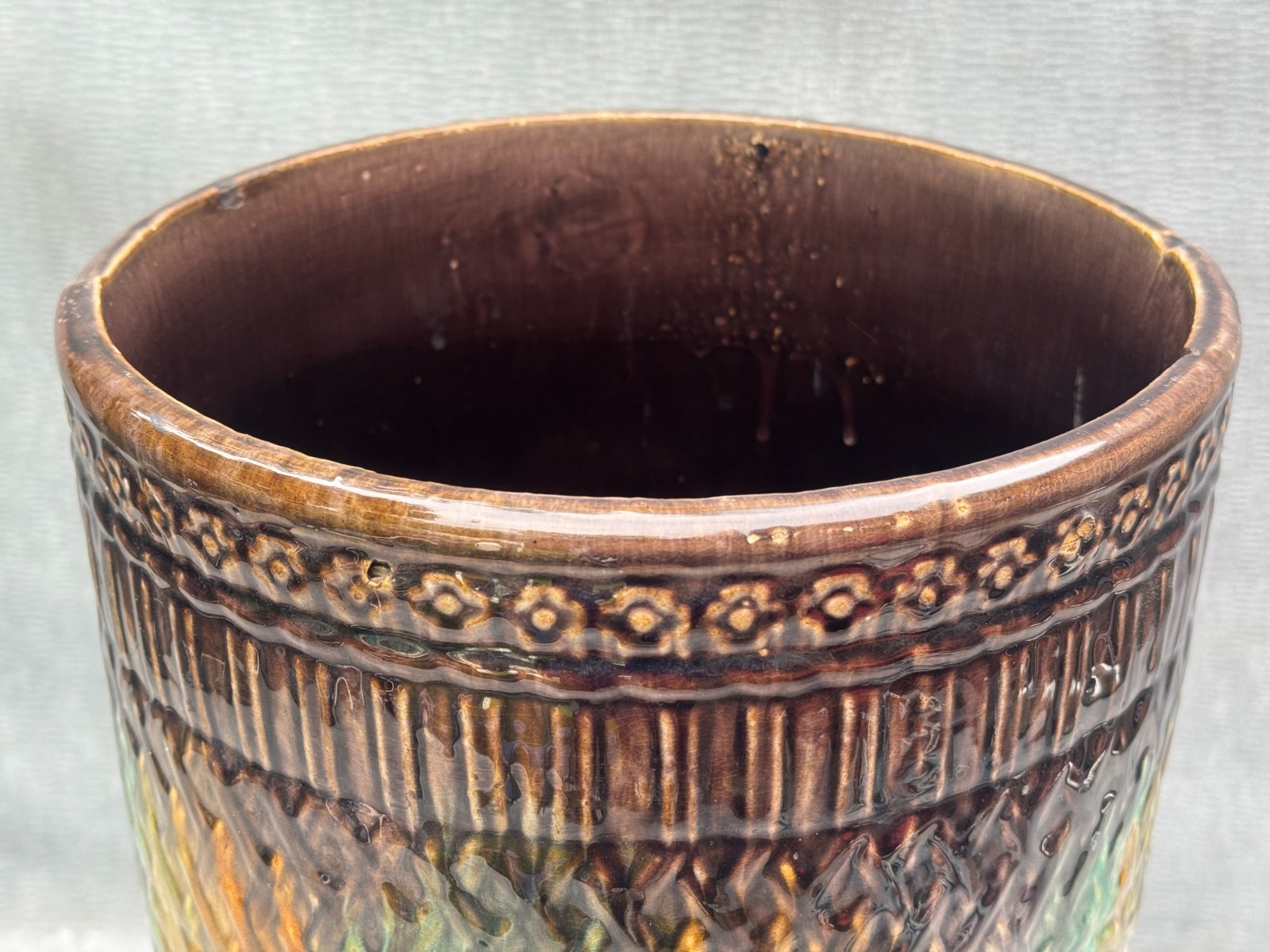 VINTAGE BOHO CHIC FLOOR VASE LARGE STONEWARE POTTERY BIN EXOTIC DRIP GLAZE 20″