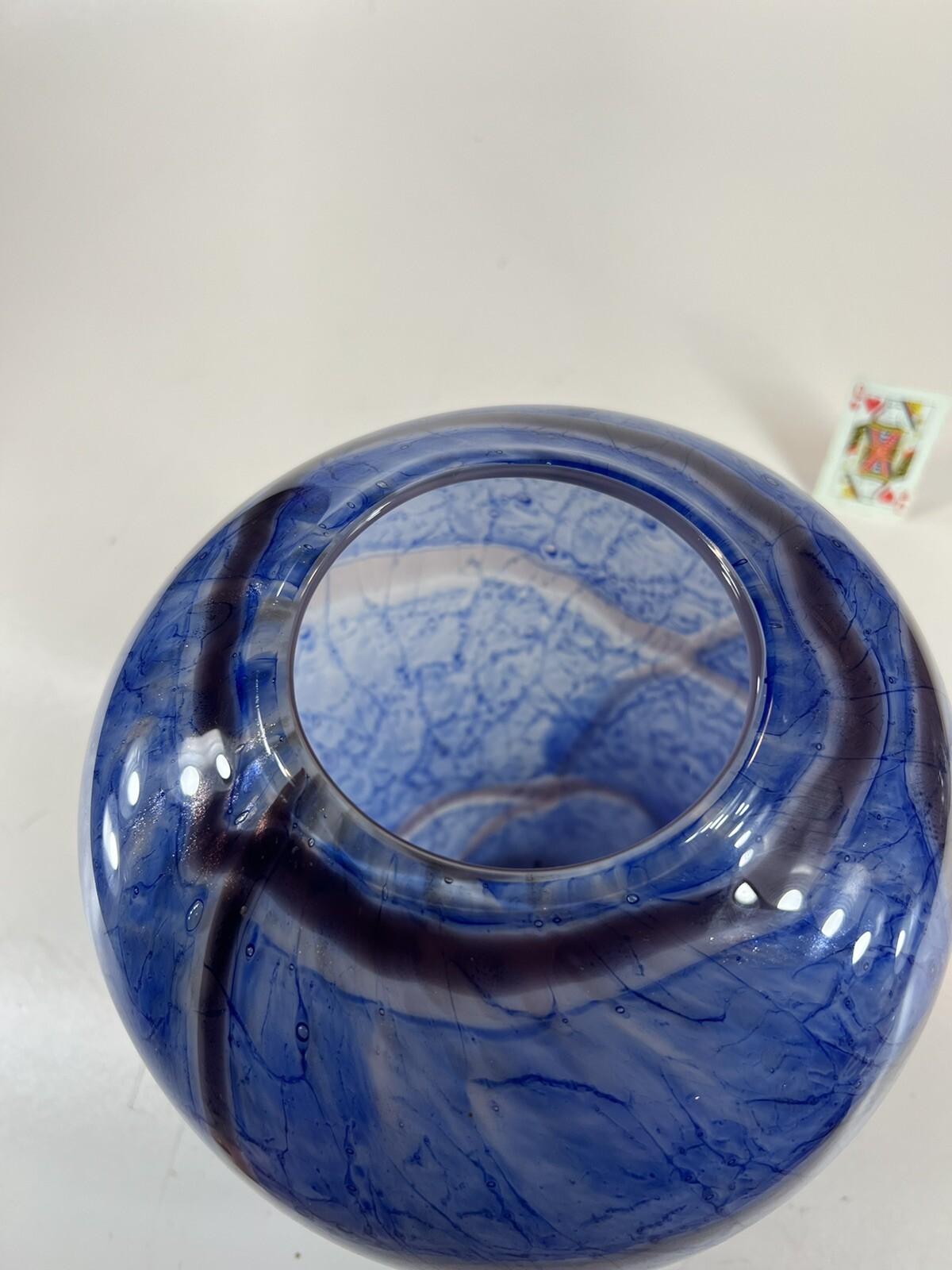 Large Vase Blue Mouth Blown Art Glass Sea Scape Gold Dust vintage 12.5″