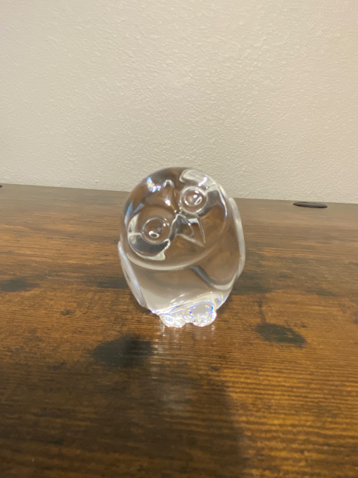 VTG STEUBEN Clear Crystal Owl Hand Cooler/Paperweight By LLOYD ATKINS 2.25″H
