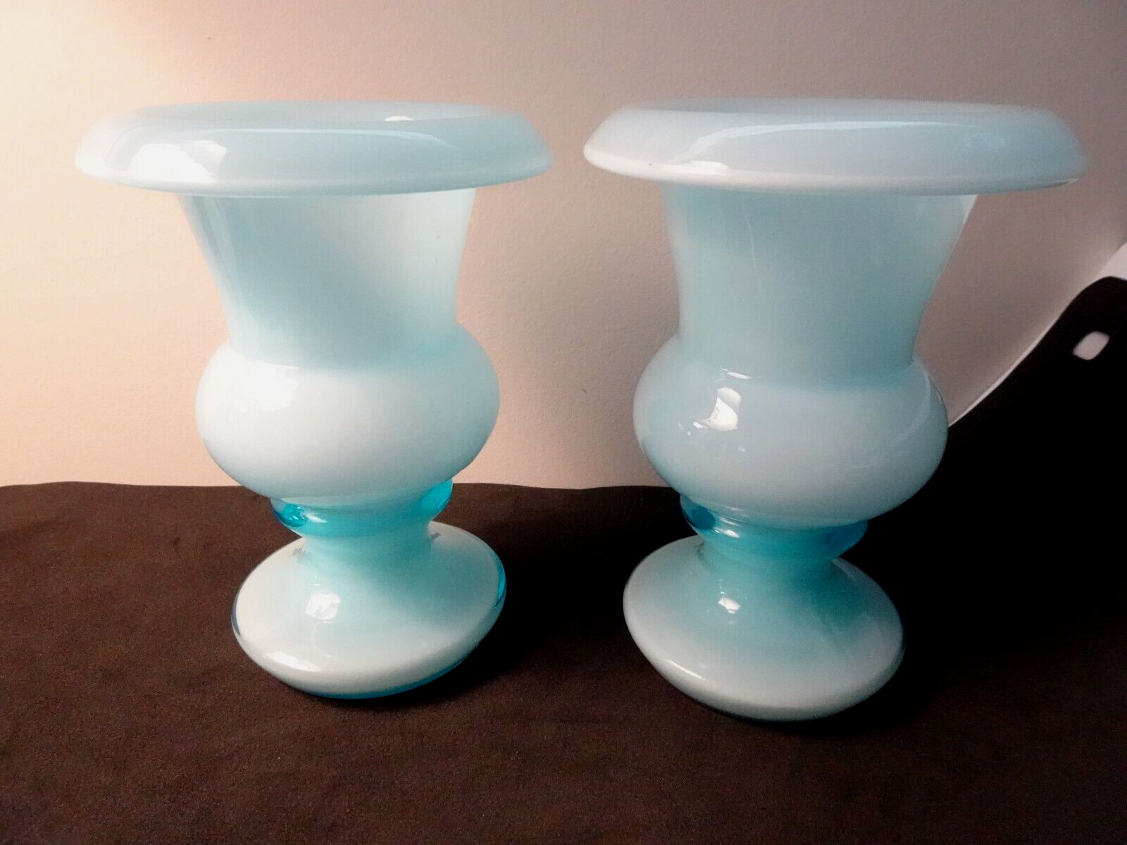 HTF Fenton Art Glass for Weil Ceramics Blue Overlay Milk Crest Rolled Top Vases
