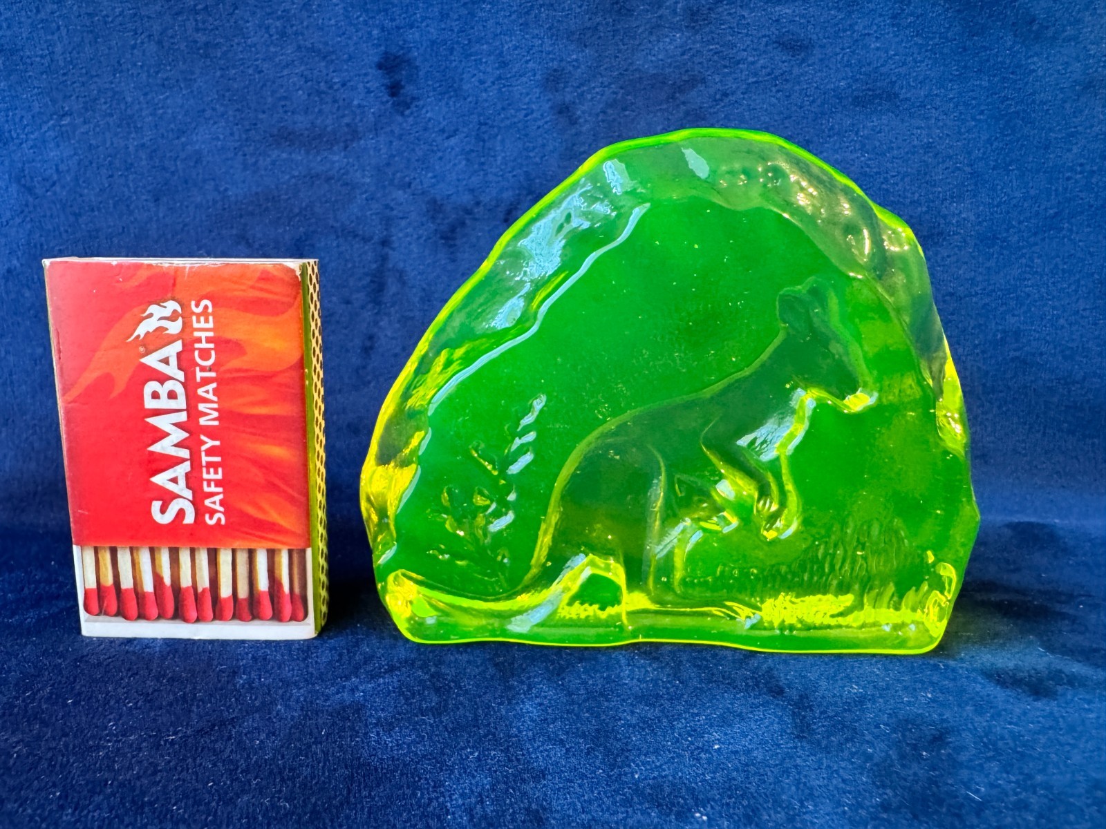 Uranium Glass Kangaroo Solid Paperweight in Vaseline Czech New Glows Green
