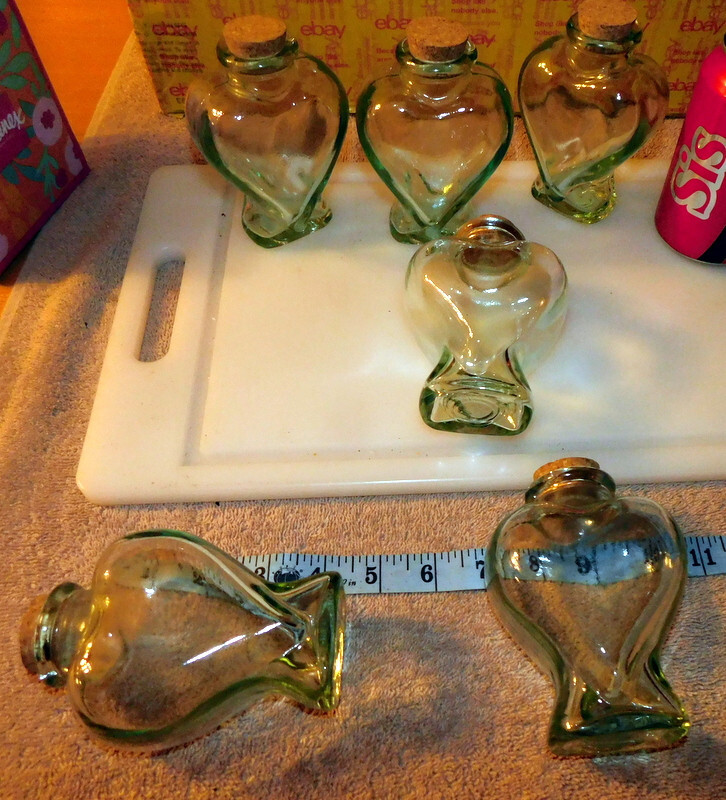 Light Green Heart Shaped Glass Bottle Lot of 6 Bottles Used Excellent Condition