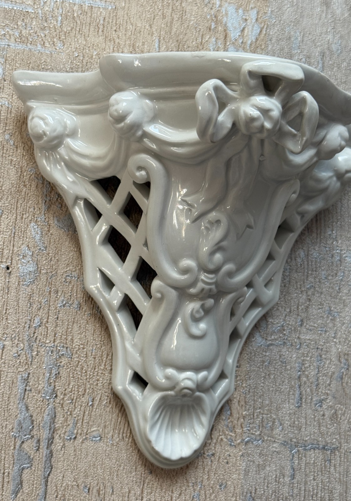 Vtg Italian Ceramic Wall Sconce Reticulated Rococo Style Bow Rose Design