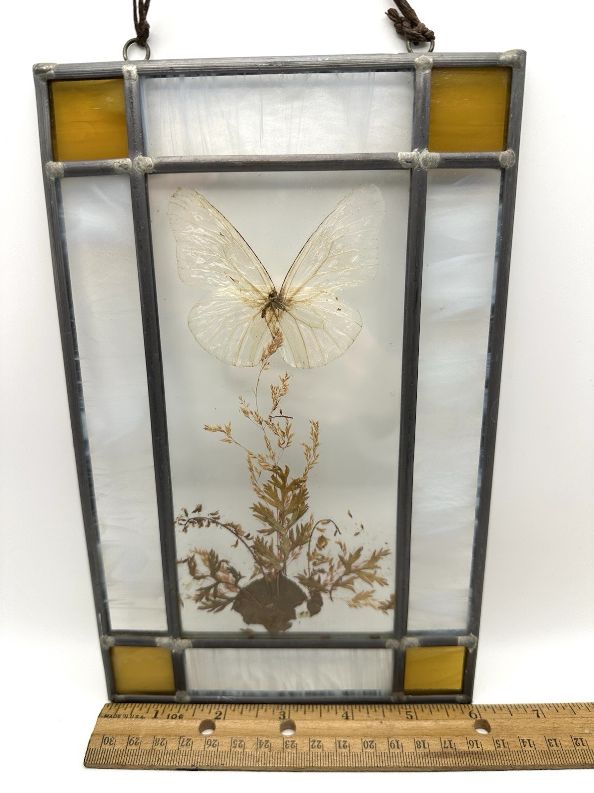 Vintage Pressed Flower Stained Glass Suncatcher Panel Art Botanical Butterfly