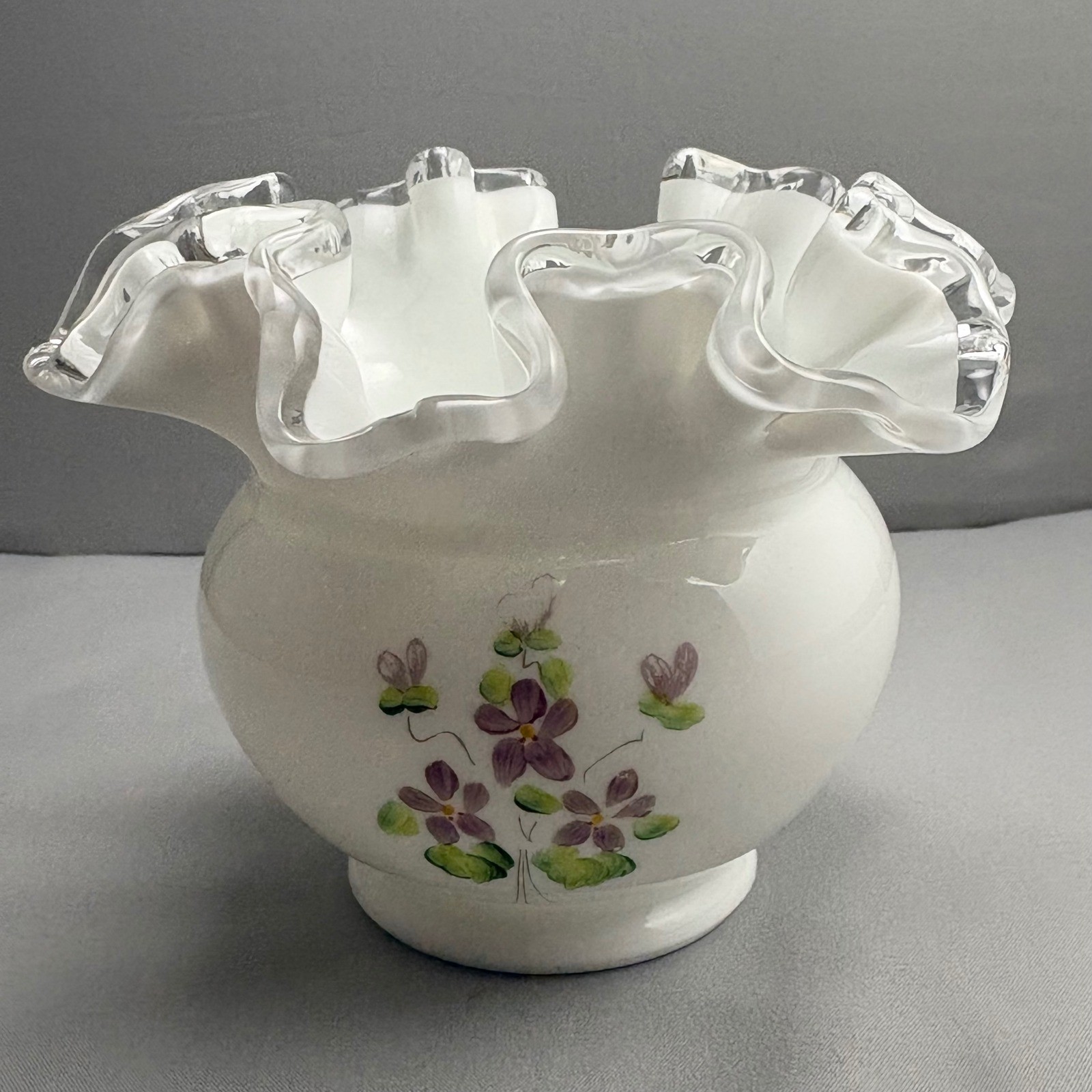 Fenton Silver Crest Vase Lilacs In The Snow Hand Painted Ruffled Milk Glass
