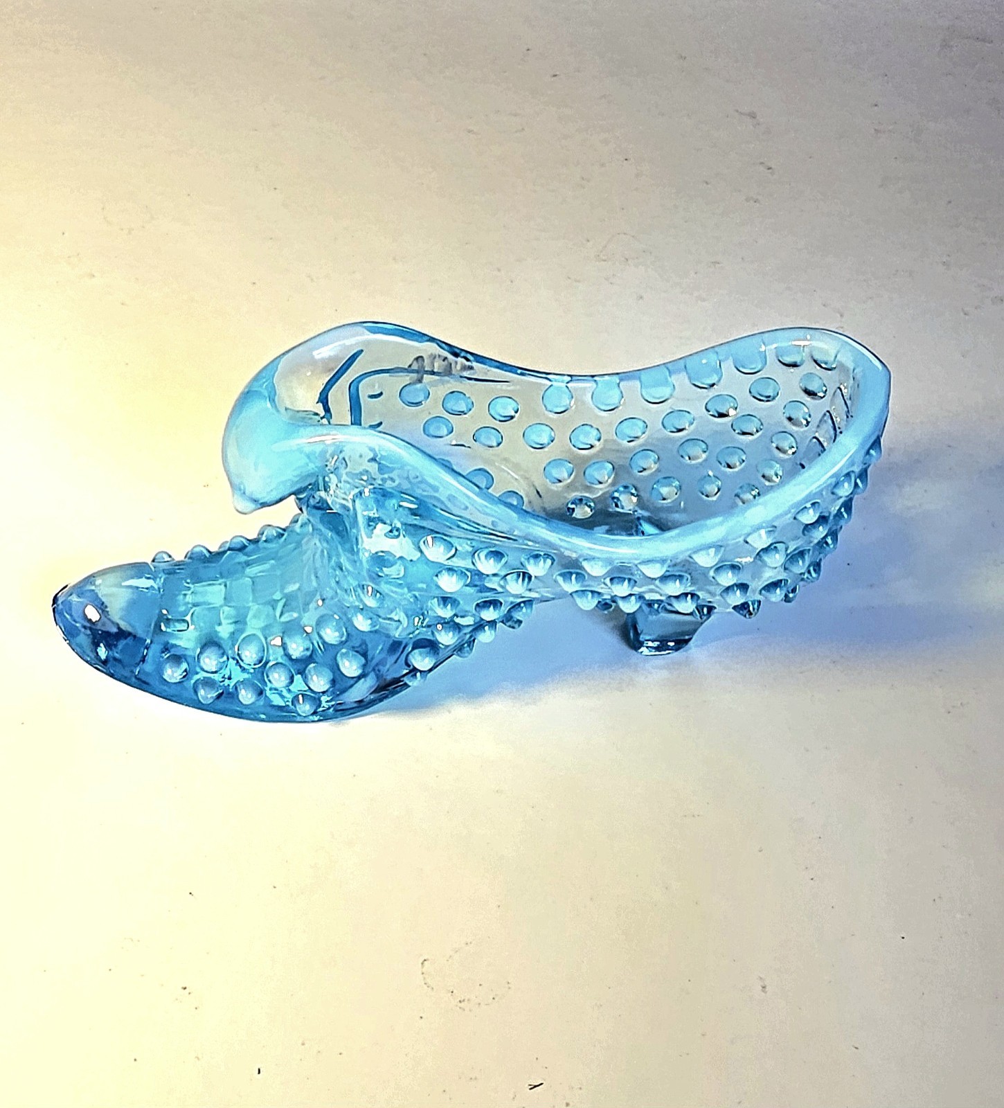 Blue Glass Shoe Figurine, Hobnail Pattern, Art Glass, Glossy Finish, Decorative