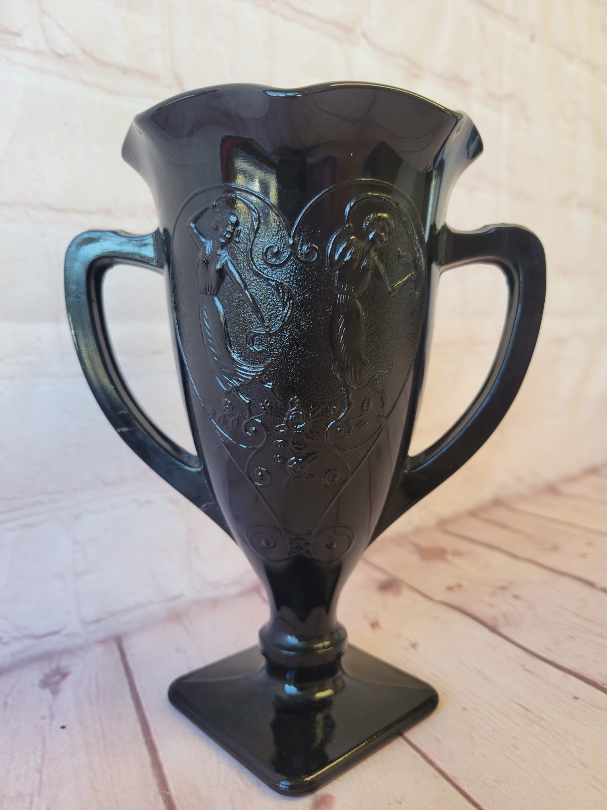Black Glass Trophy Vase Dancing Nymphs Two Handle Loving Cup Art Deco