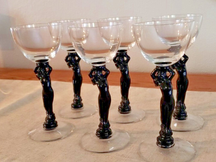 CAMBRIDGE Glass Co. Art Deco Ebony Black Statuesque Stem Cocktail Glasses (6)