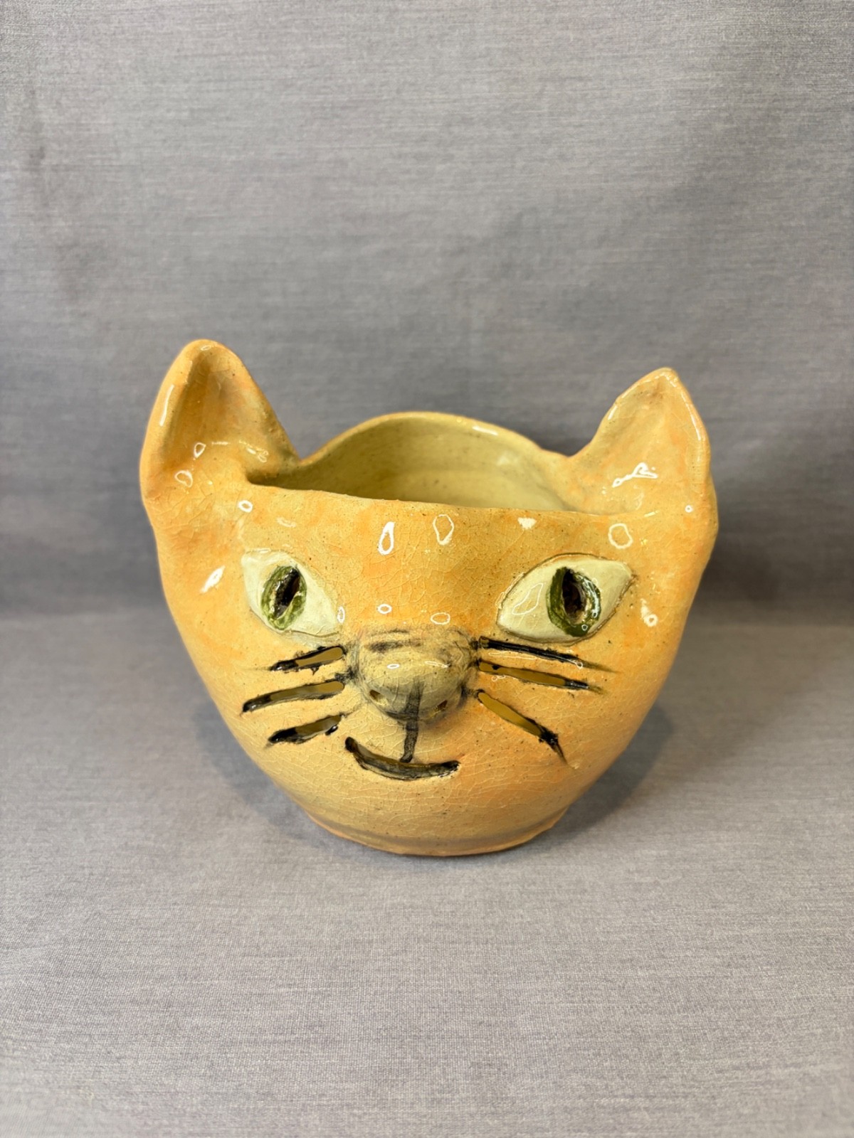 Cat Head Folk Art Pottery Candle Holder Trinket Dish Bowl
