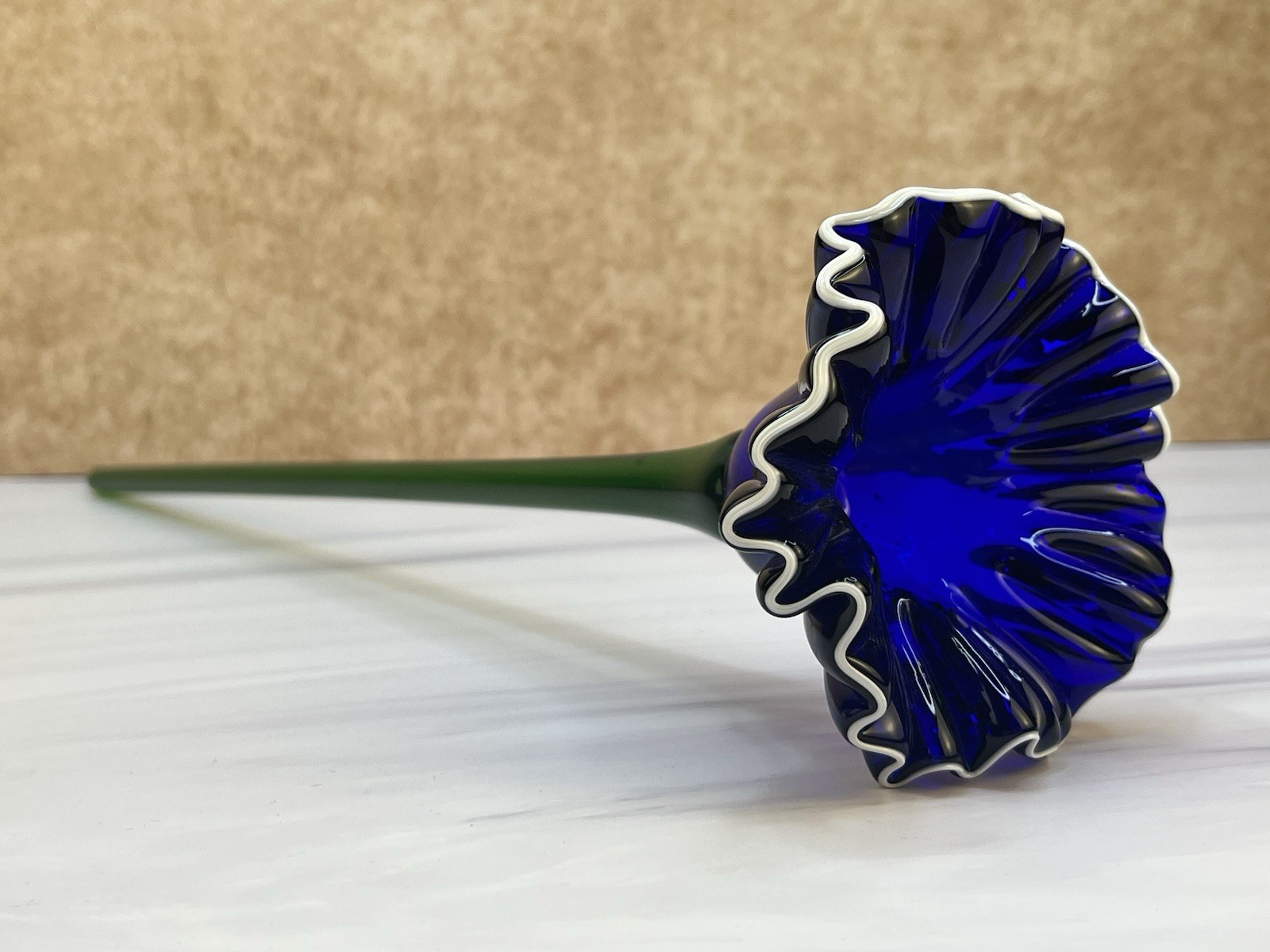 Hand Blown Art Glass Flower Cobalt Blue White Ruffle Green Stem 15 Inch