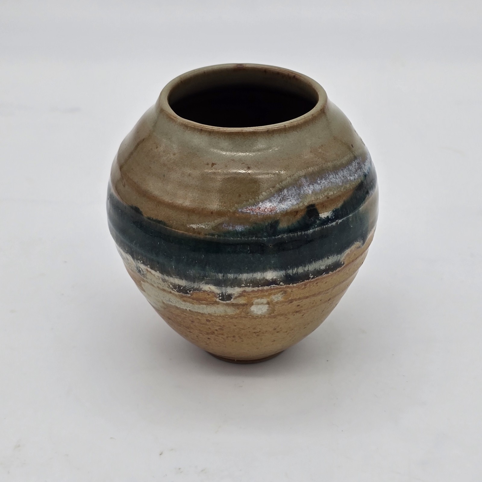 4″ Handcrafted Stoneware Vase Drip Glaze Green, Tan and Blue Signed