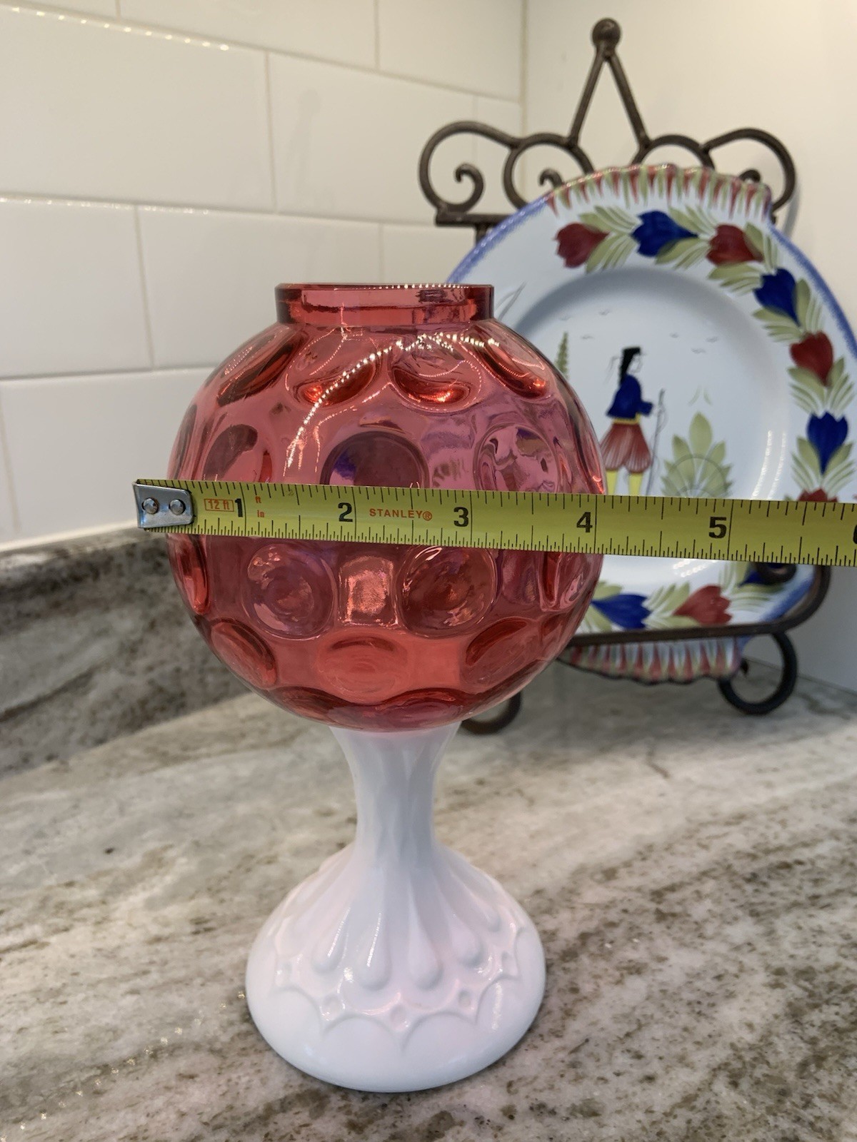 VINTAGE FENTON CRANBERRY INVERTED COIN DOT OPTIC IVY BOWL VASE – MINT CONDITION