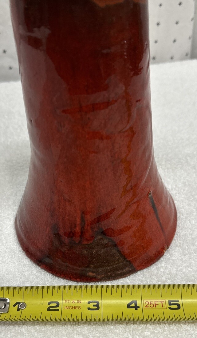 Vintage Hand Thrown Clay Art Pottery Vase Red Black Glaze 8.5” signed Unknown