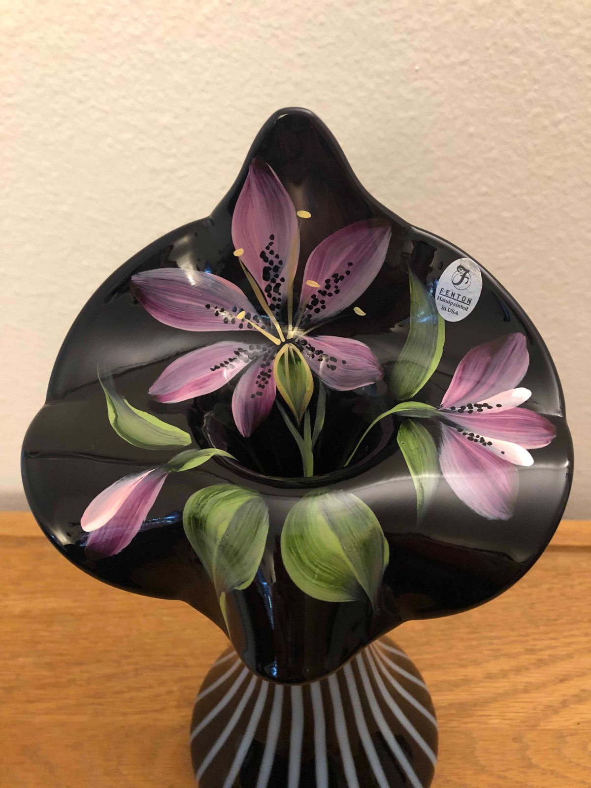 Fenton Black Opalescent Rib Optic Tulip JIP Vase