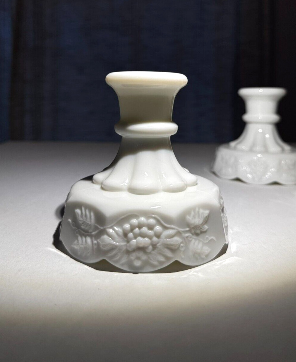 Vintage Westmoreland Style Milk Glass Grape Paneled Candle Holder 4.25″ D 4.0″ H