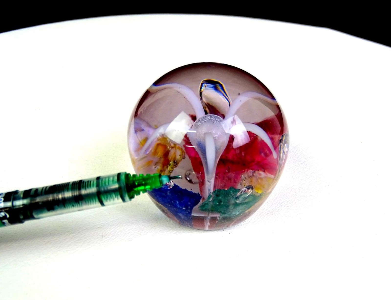 Studio Art Glass Multi Color Flowers Controlled Bubble 2 1/8″ Paperweight 1960s