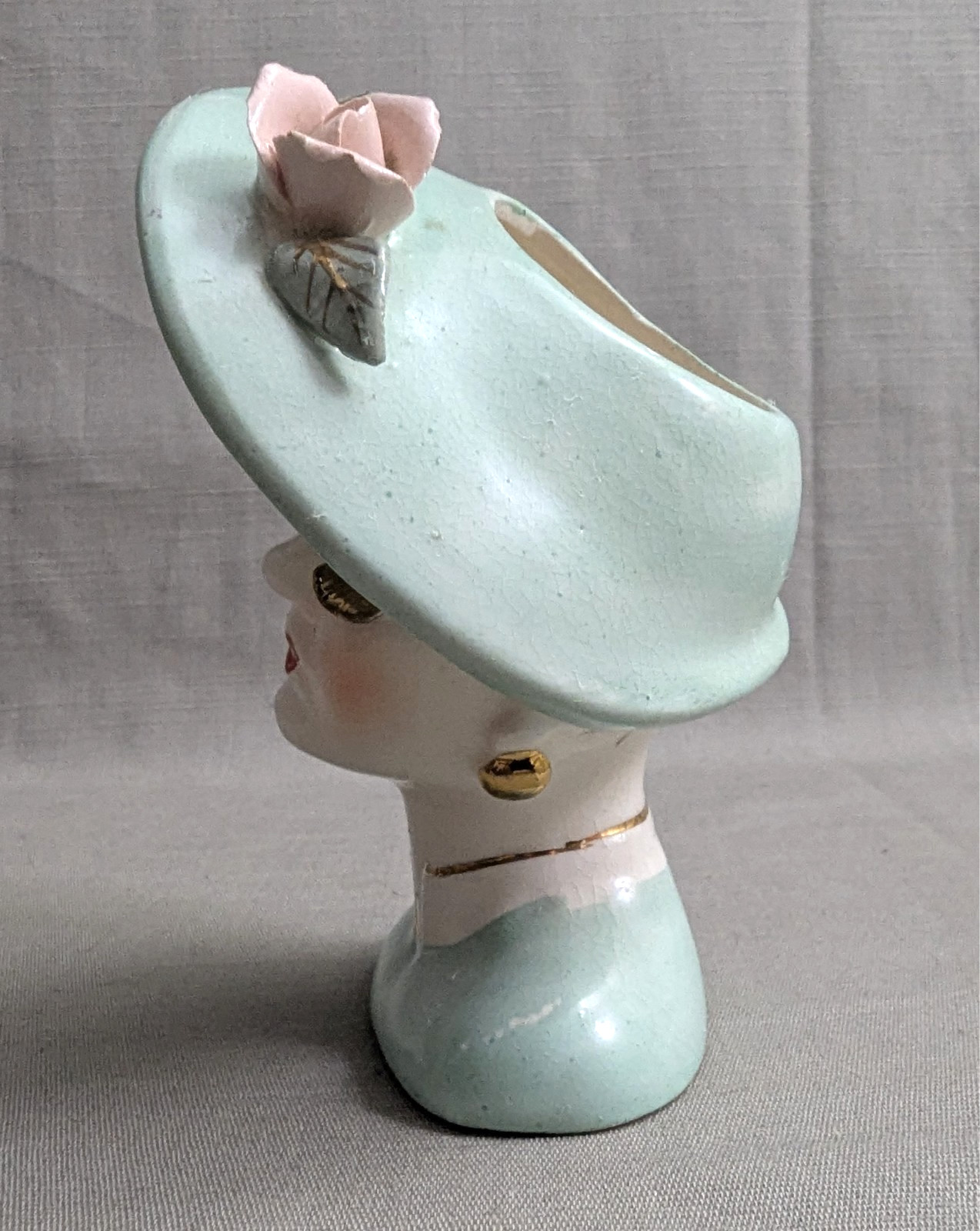 RARE Vtg Glamor Ladies Elegant HEAD VASE/PLANTER Light Cyan Dress & Hat – Gold