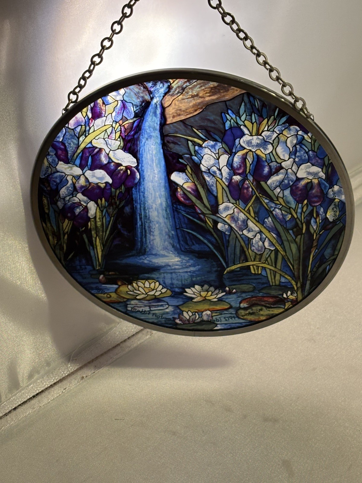 Signed Louis C Tiffany 1989 Toronto Stained Glass Suncatcher Waterfall Iris EUC