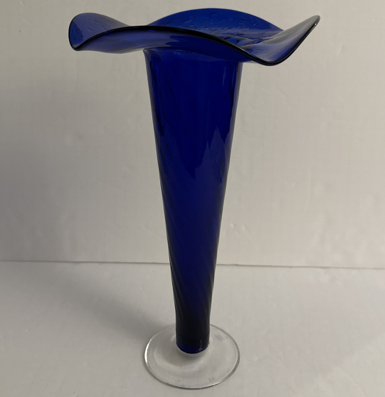 Handcrafted Cobalt Blue Blown Glass Swirl Lily Vase With Clear Base & Bubbles