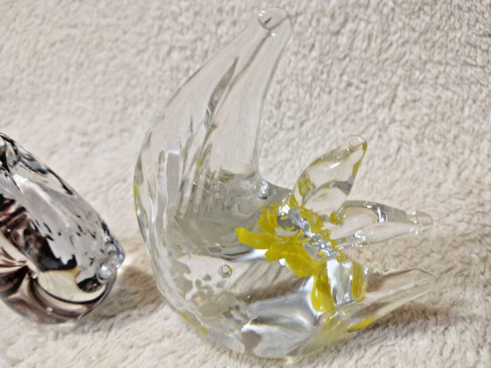 2 Art Glass Angel Fish Statue Clear Yellow White-Clear Black White Paperweight