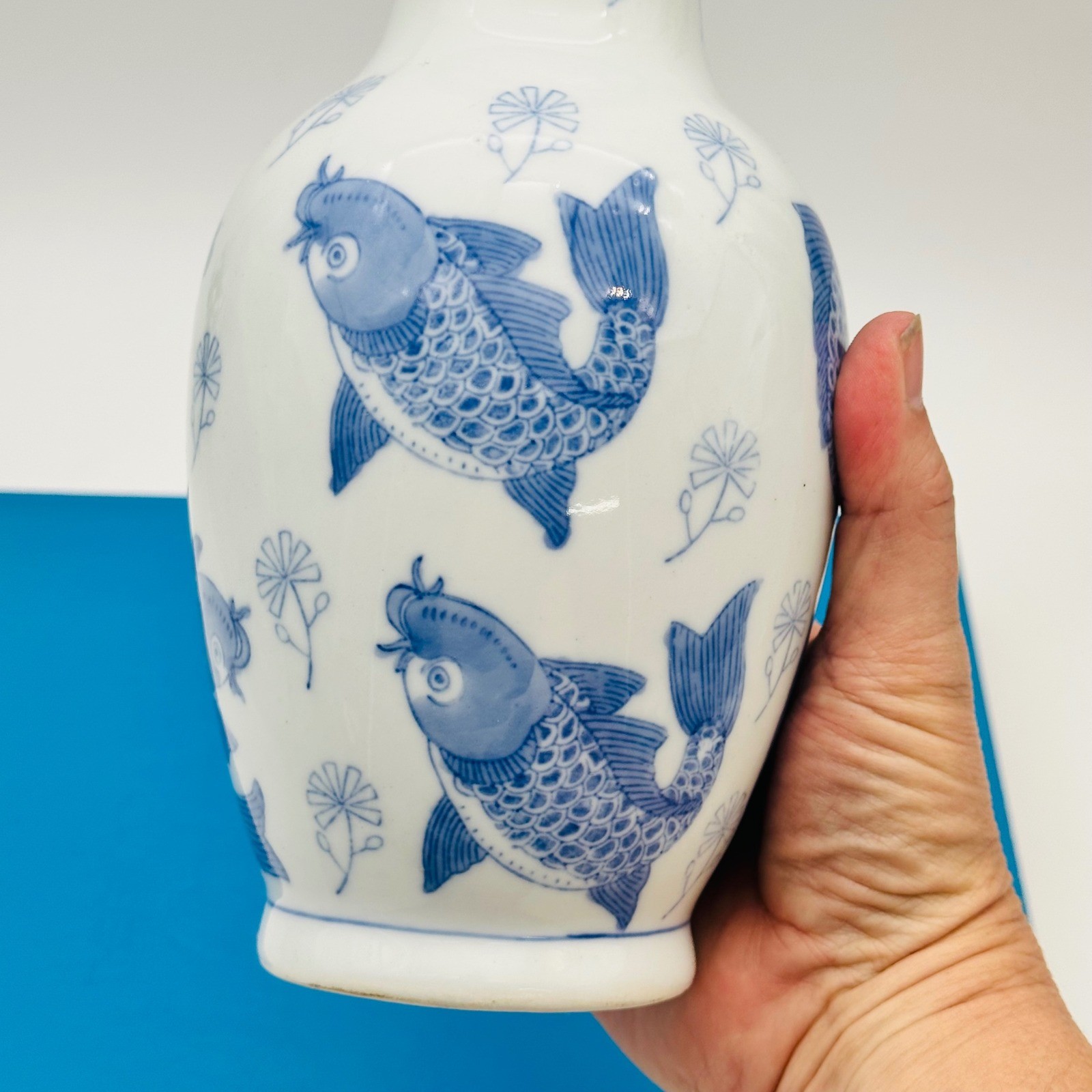 Vintage Blue and White Porcelain Koi Fish Vase Chinoiserie Floral 8 Inch