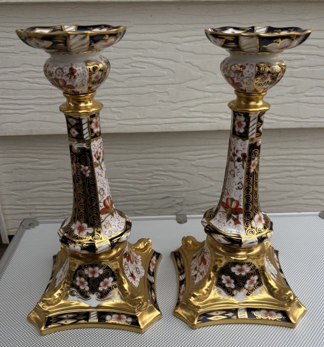 Pair Royal Crown Derby Old Imari Large Candlesticks 10.5in Excellent