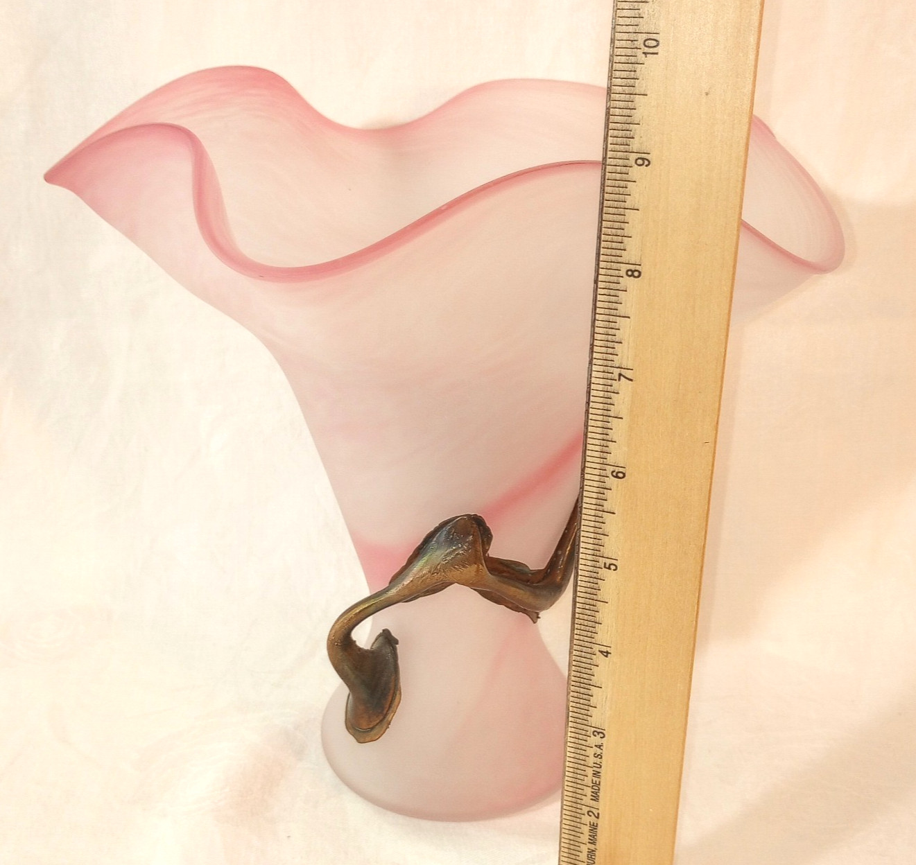 Romblast Vase Frosted Pink Glass w/ Copper Leaves Ruffled Handblown Romania